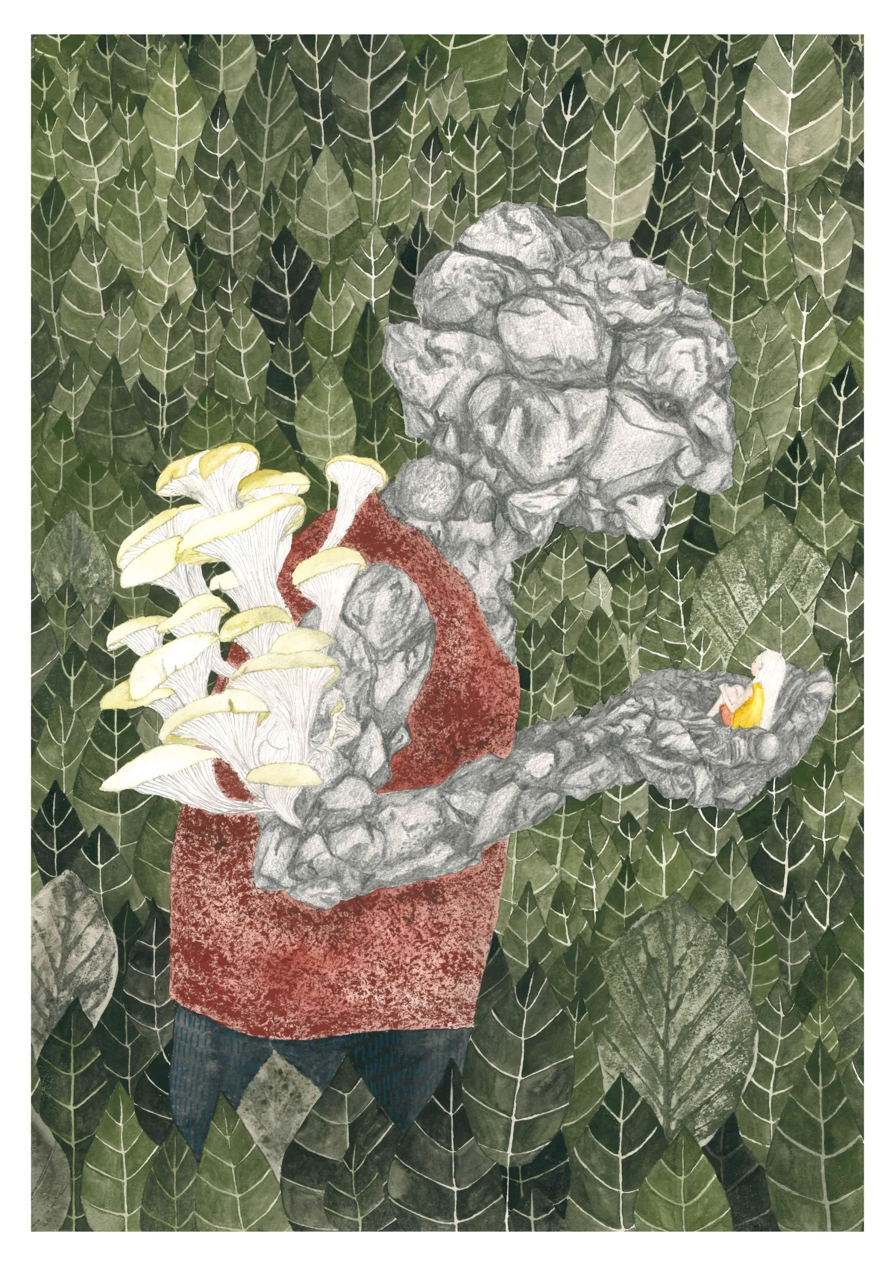 Illustration eines steinernen Wesens mit rotem Hemd, aus dessen Rücken helle Pilze wachsen. Es hält ein kleines Wesen in den Händen, umgeben von dichtem Blätterwald.“