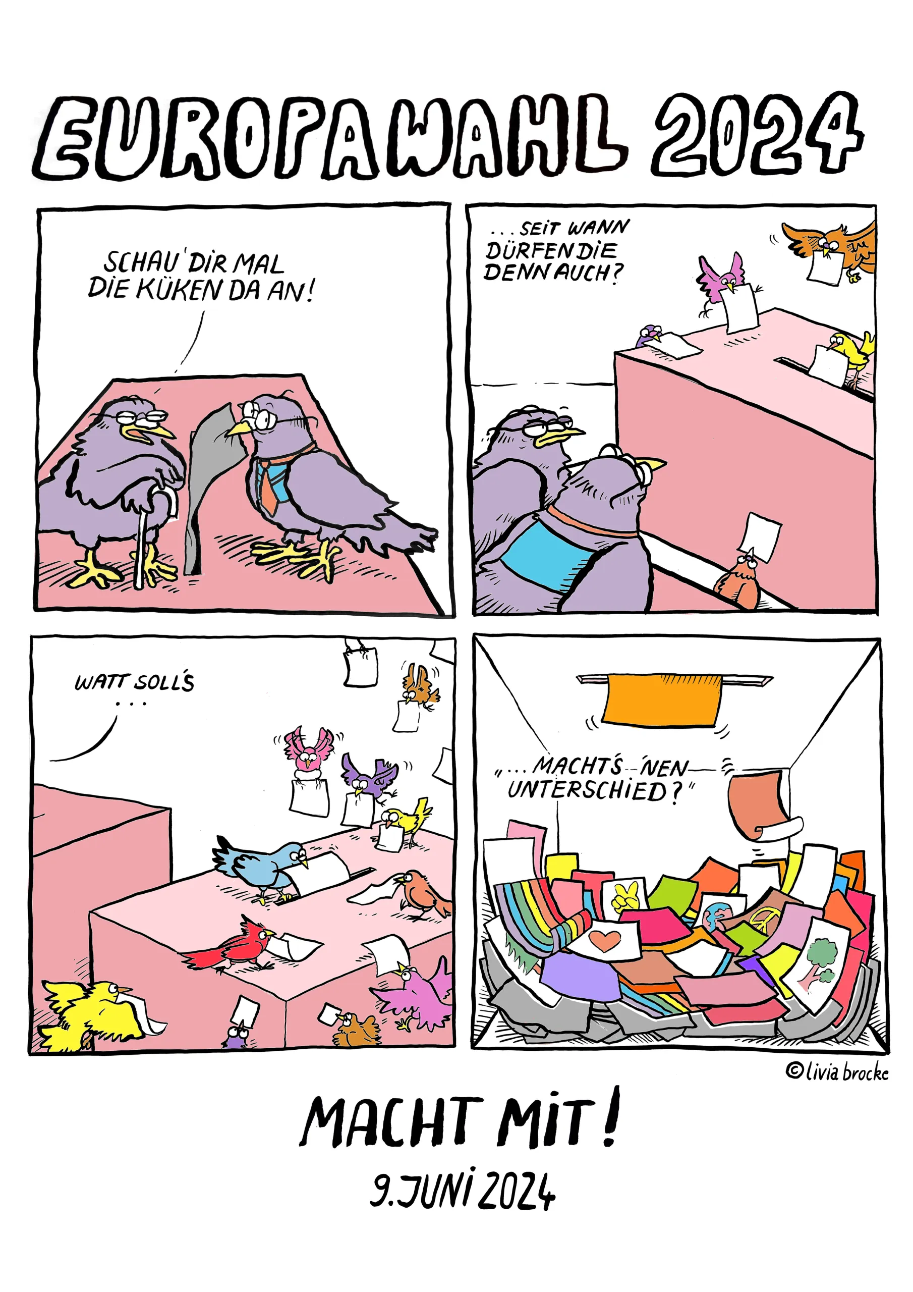 Vierteiliger Comic mit Tauben, die bei der Europawahl ihre Stimmen abgeben. Humorvolle Darstellung junger und älterer Vögel mit dem Schriftzug ‚Europawahl 2024 – Macht mit! 9. Juni 2024'.